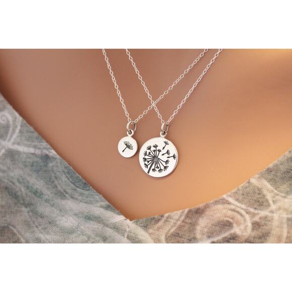 Sterling Silver Big and Small Dandelion Charm Necklace Set - Picture 2 of 5